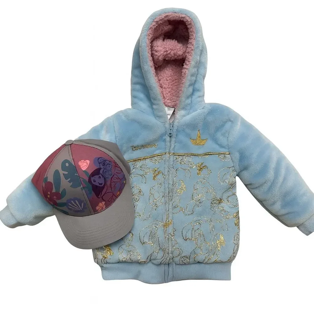 Disney Princess Plush Hooded Jacket 4T + Princess Hat Bundle – Sherpa Lined
